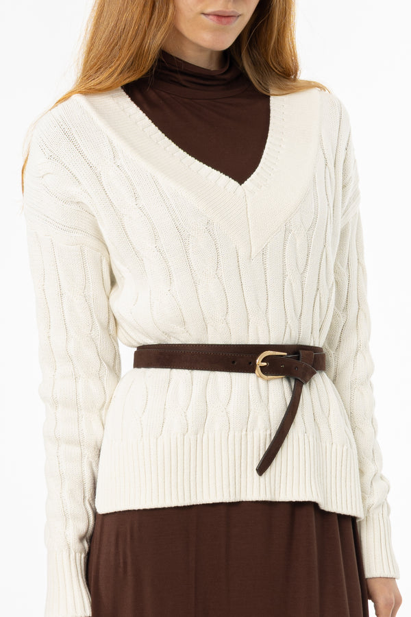 Cream V-Neck Cable Knit Sweater