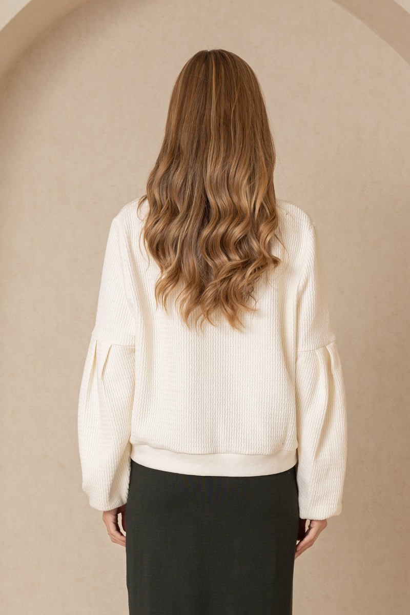 Cream Crochet Knit Bubble Sleeve Sweater