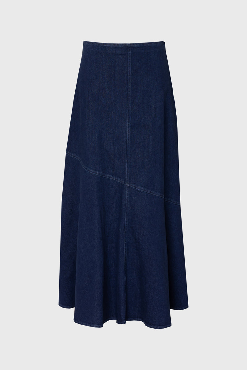 Dark Blue Asymmetrical Hem Denim Skirt