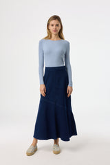 Dark Blue Asymmetrical Hem Denim Skirt