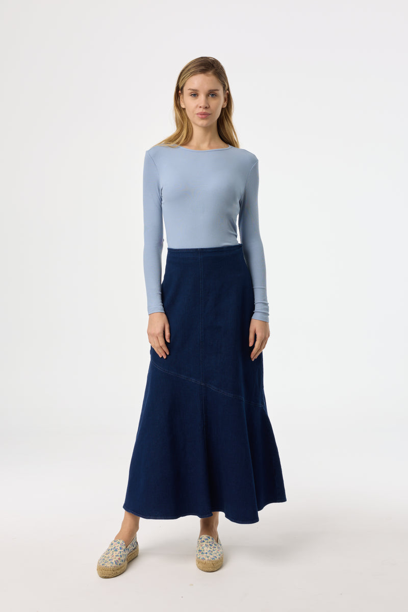 Dark Blue Asymmetrical Hem Denim Skirt