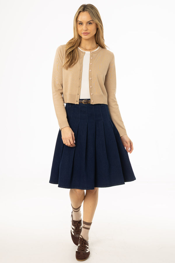 Dark Blue Pleated Denim Skirt