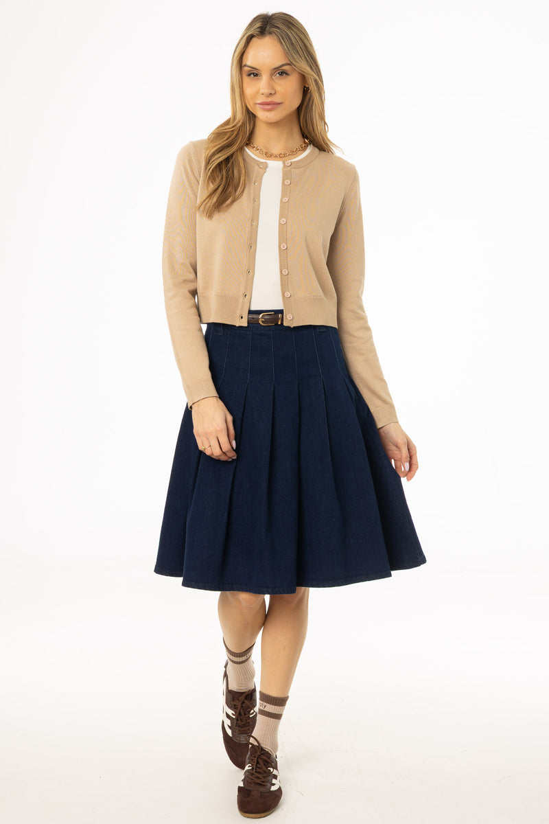 Dark Blue Pleated Denim Skirt