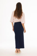 Dark Blue Pocket Stretch Denim Maxi Skirt