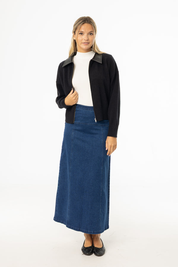 Dark Blue Yoke Seam Denim Skirt