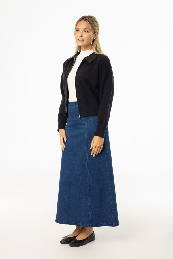 Dark Blue Yoke Seam Denim Skirt