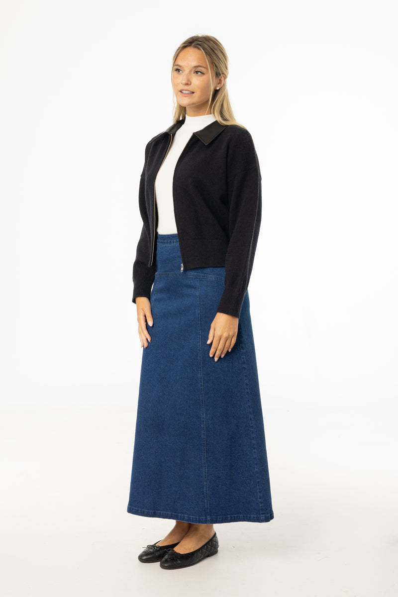 Dark Blue Yoke Seam Denim Skirt
