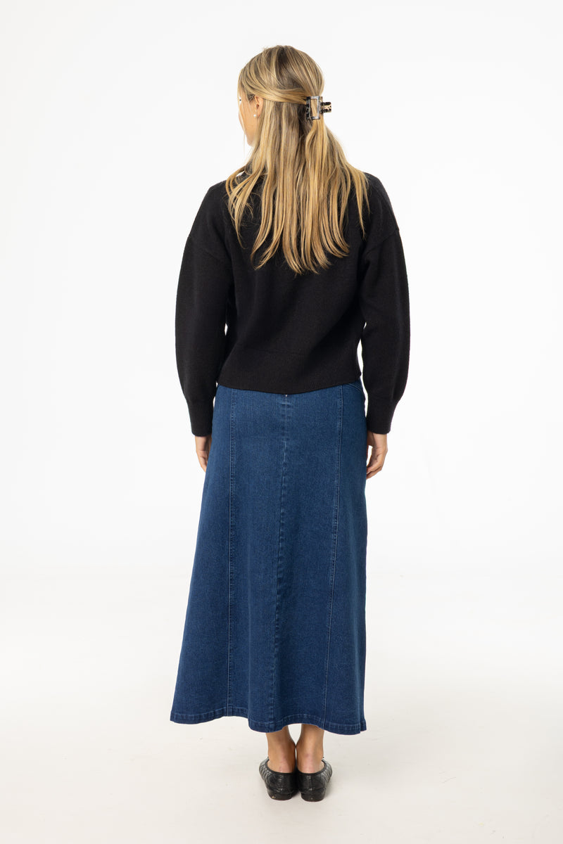 Dark Blue Yoke Seam Denim Skirt