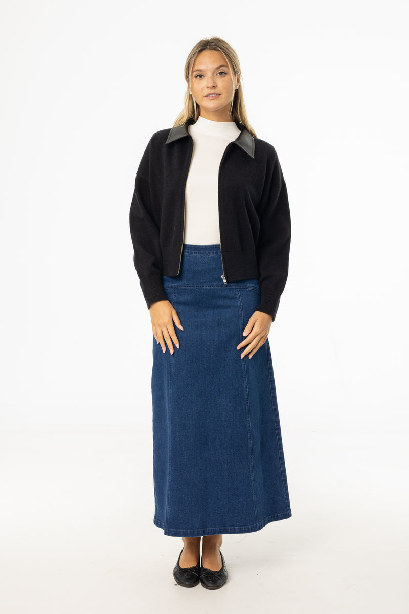 Dark Blue Yoke Seam Denim Skirt