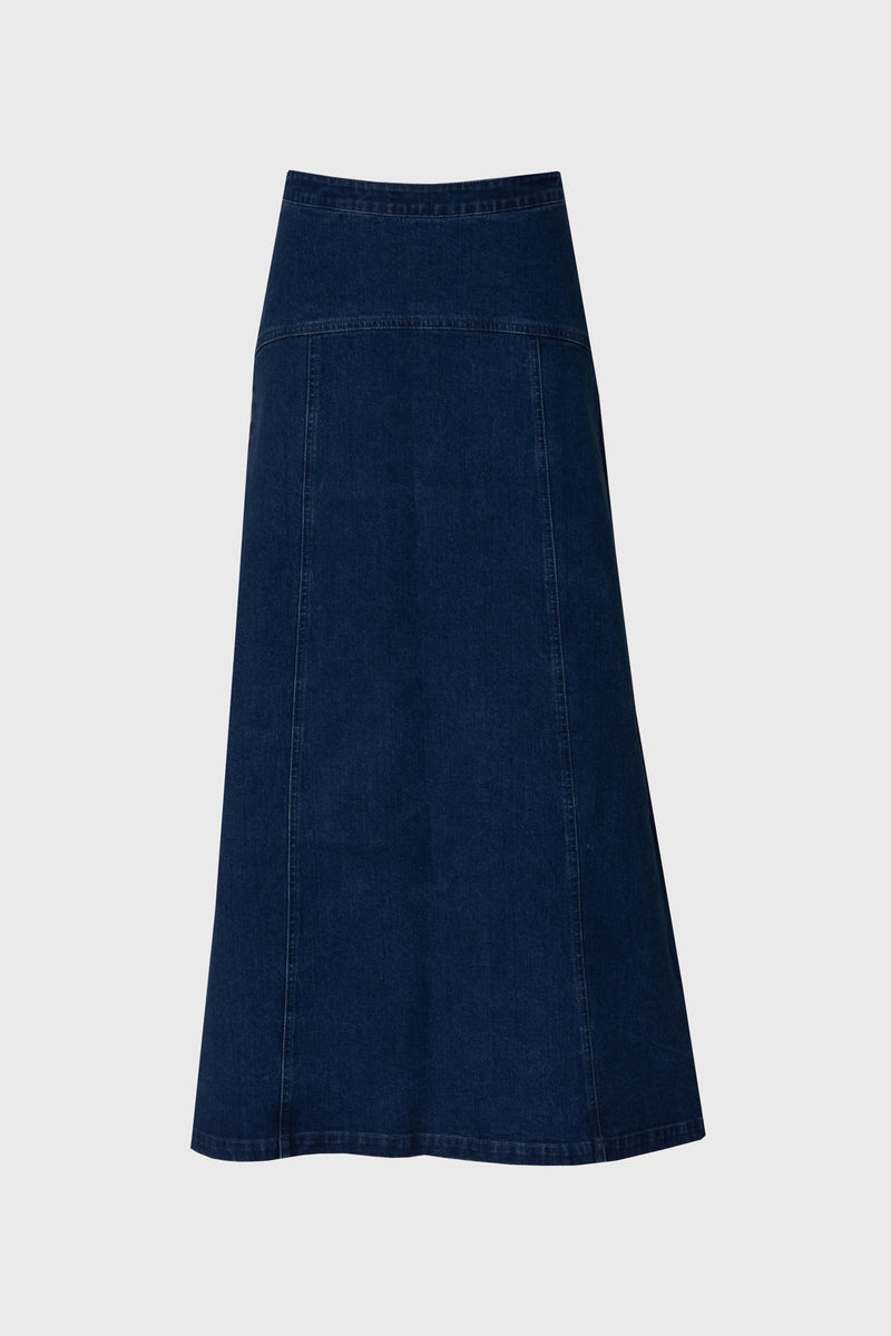Dark Blue Yoke Seam Denim Skirt