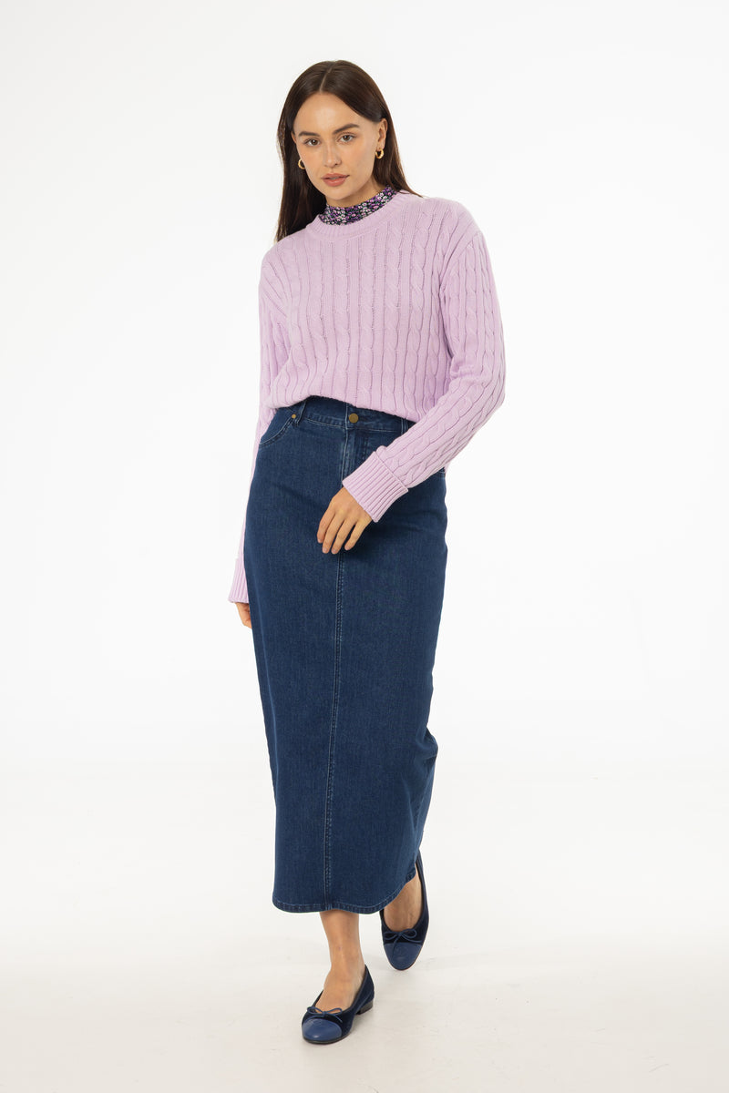 Dark Blue Zipper Denim Maxi Skirt