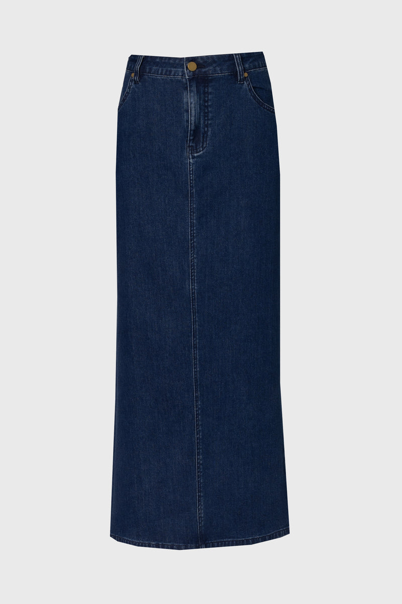 Dark Blue Zipper Denim Maxi Skirt
