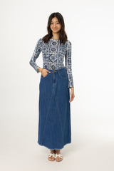 Dark Wash Frayed Edge Denim Skirt