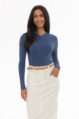 Denim Blue Ribbed Faux Wrap T-Shirt