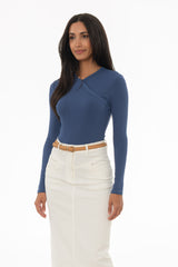 Denim Blue Ribbed Faux Wrap T-Shirt