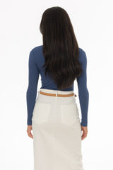 Denim Blue Ribbed Faux Wrap T-Shirt