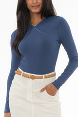 Denim Blue Ribbed Faux Wrap T-Shirt