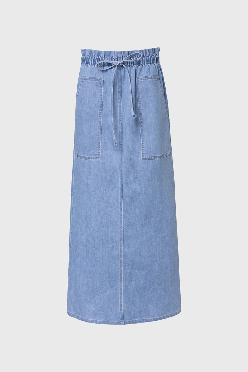 Blue Denim Drawstring Patch Pocket Skirt