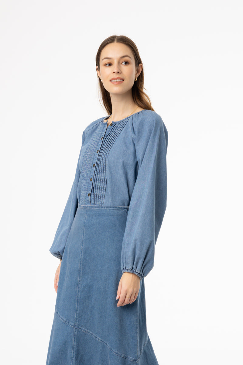 Blue Pintuck Denim Blouse