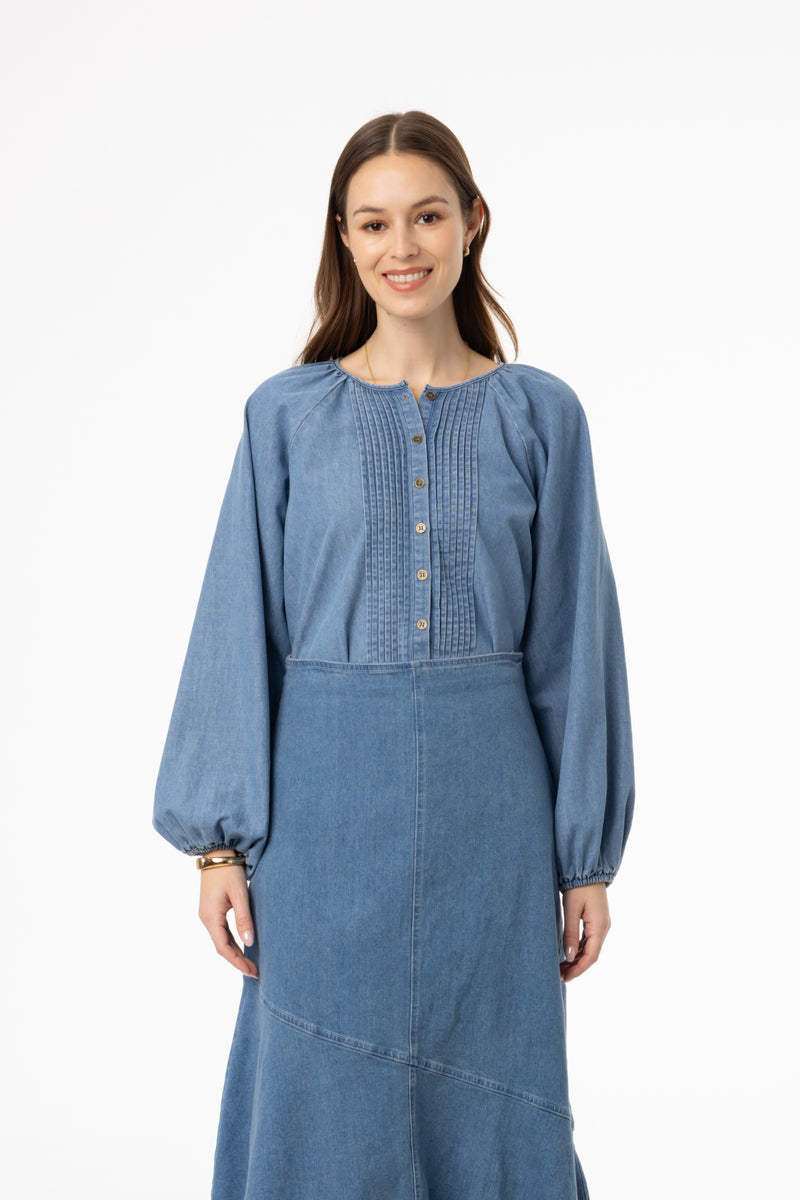 Blue Pintuck Denim Blouse