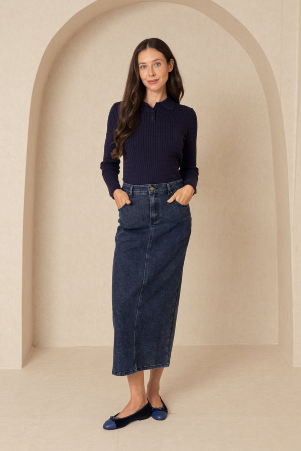 Blue Denim Zipper Slit Maxi Skirt