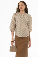 Diamond Print Puff Sleeve Button Down Blouse