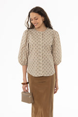 Diamond Print Puff Sleeve Button Down Blouse