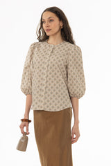 Diamond Print Puff Sleeve Button Down Blouse