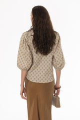 Diamond Print Puff Sleeve Button Down Blouse