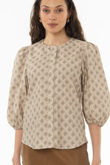 Diamond Print Puff Sleeve Button Down Blouse