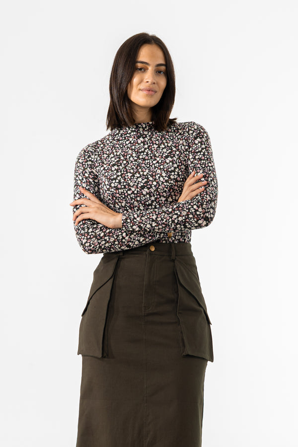 Black Ditsy Floral Printed Mock Neck Top