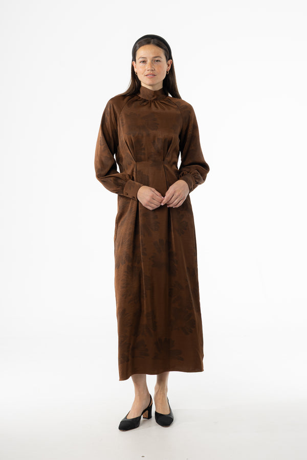Brown Floral Printed Tie Neck Dress