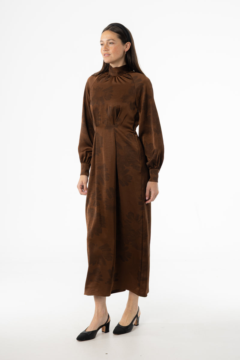 Brown Floral Printed Tie Neck Dress