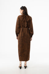 Brown Floral Printed Tie Neck Dress