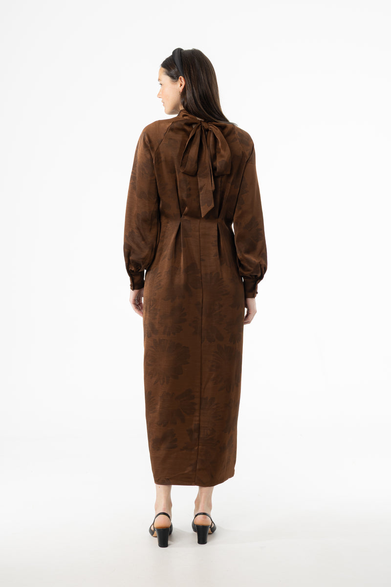 Brown Floral Printed Tie Neck Dress