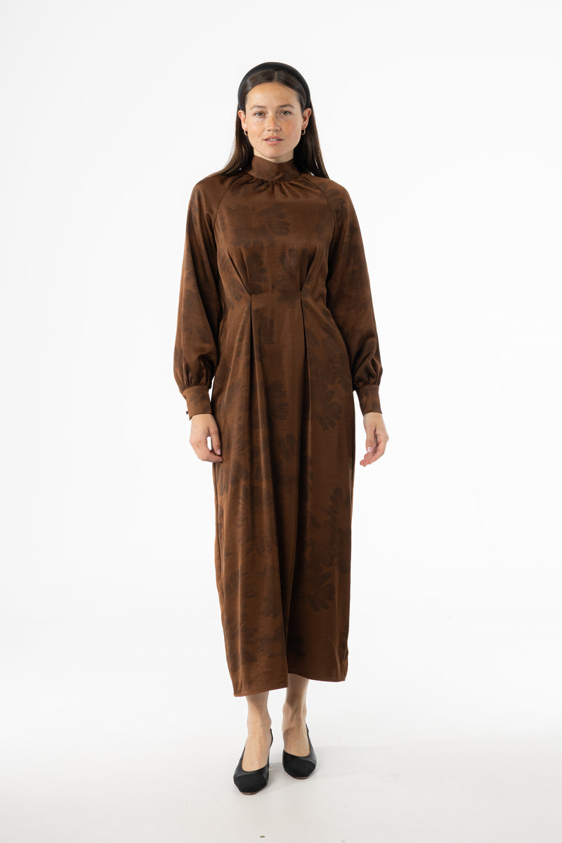 Brown Floral Printed Tie Neck Dress