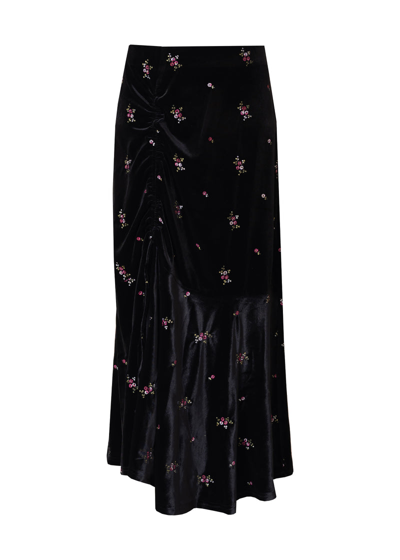 Black Embroidered Floral Velour Skirt