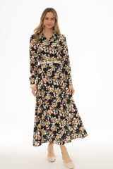 Floral Covered Placket Maxi Shirt Dress
