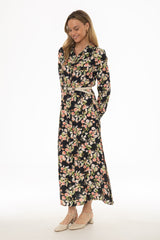 Floral Covered Placket Maxi Shirt Dress