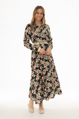 Floral Covered Placket Maxi Shirt Dress