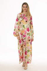 Floral Print Pintuck Balloon Sleeve Maxi Dress