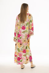 Floral Print Pintuck Balloon Sleeve Maxi Dress