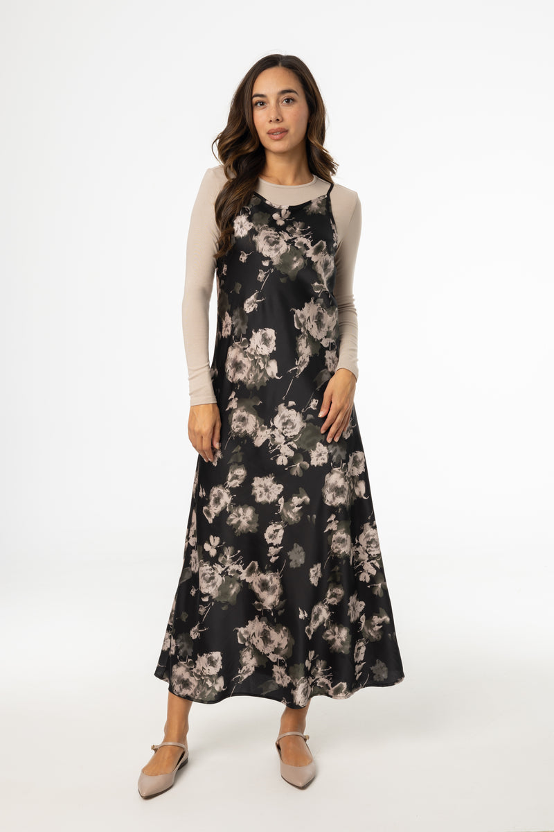 Black Floral Printed Slip Dress