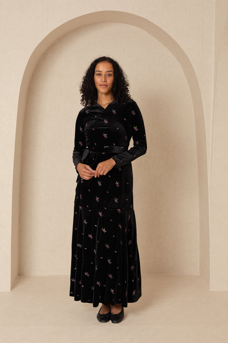 Embroidered Floral Velour Wrap Dress