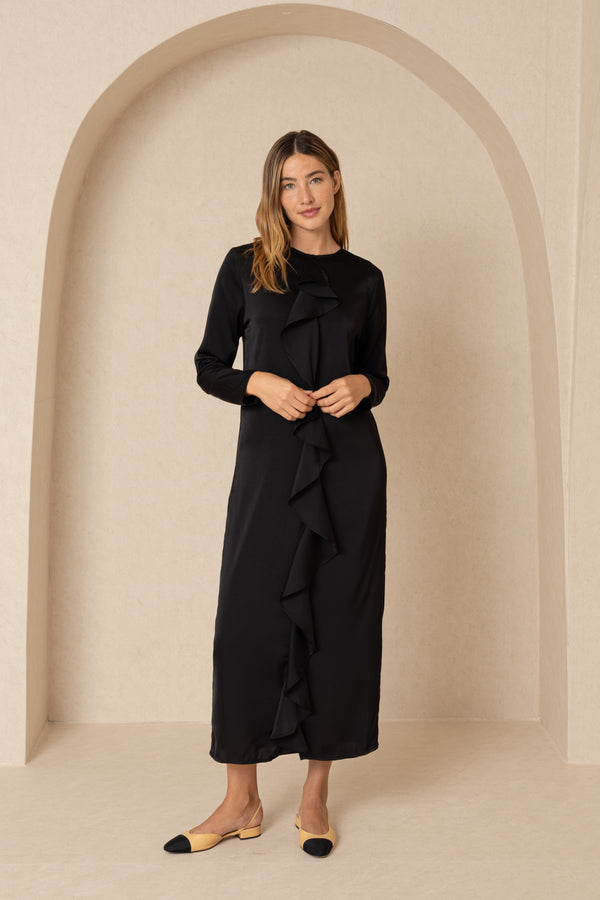 Black Front Ruffle Silk Maxi