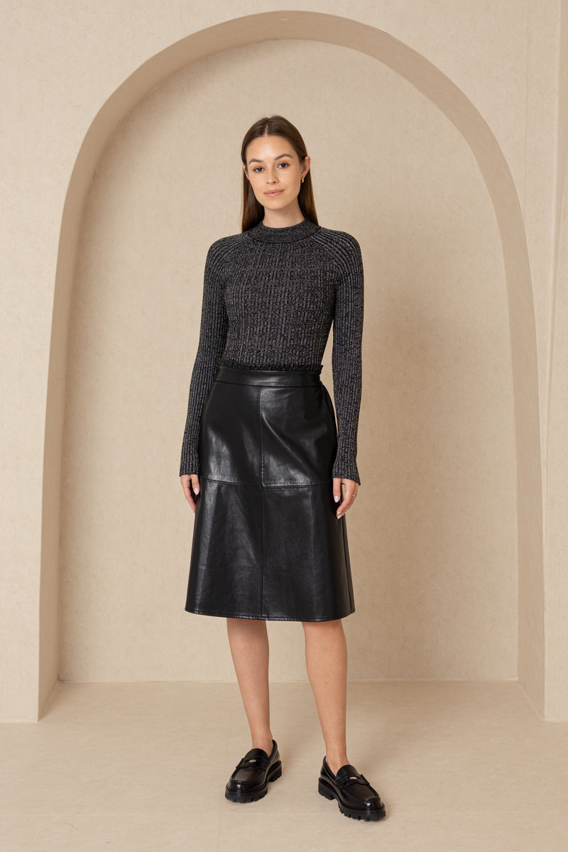 Black Gathered Leather Skirt