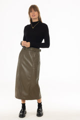 Green Belted Faux Leather Midi Skirt