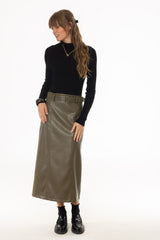 Green Belted Faux Leather Midi Skirt