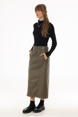 Green Belted Faux Leather Midi Skirt