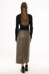 Green Belted Faux Leather Midi Skirt